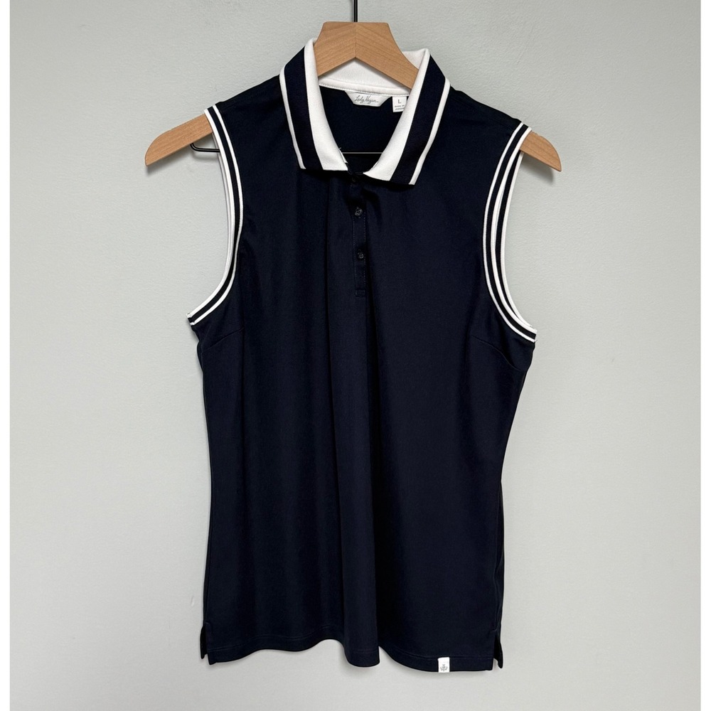 Lady Hagen Womens Sleeveless Golf Polo Navy Blue White Tipped Trim Size Large